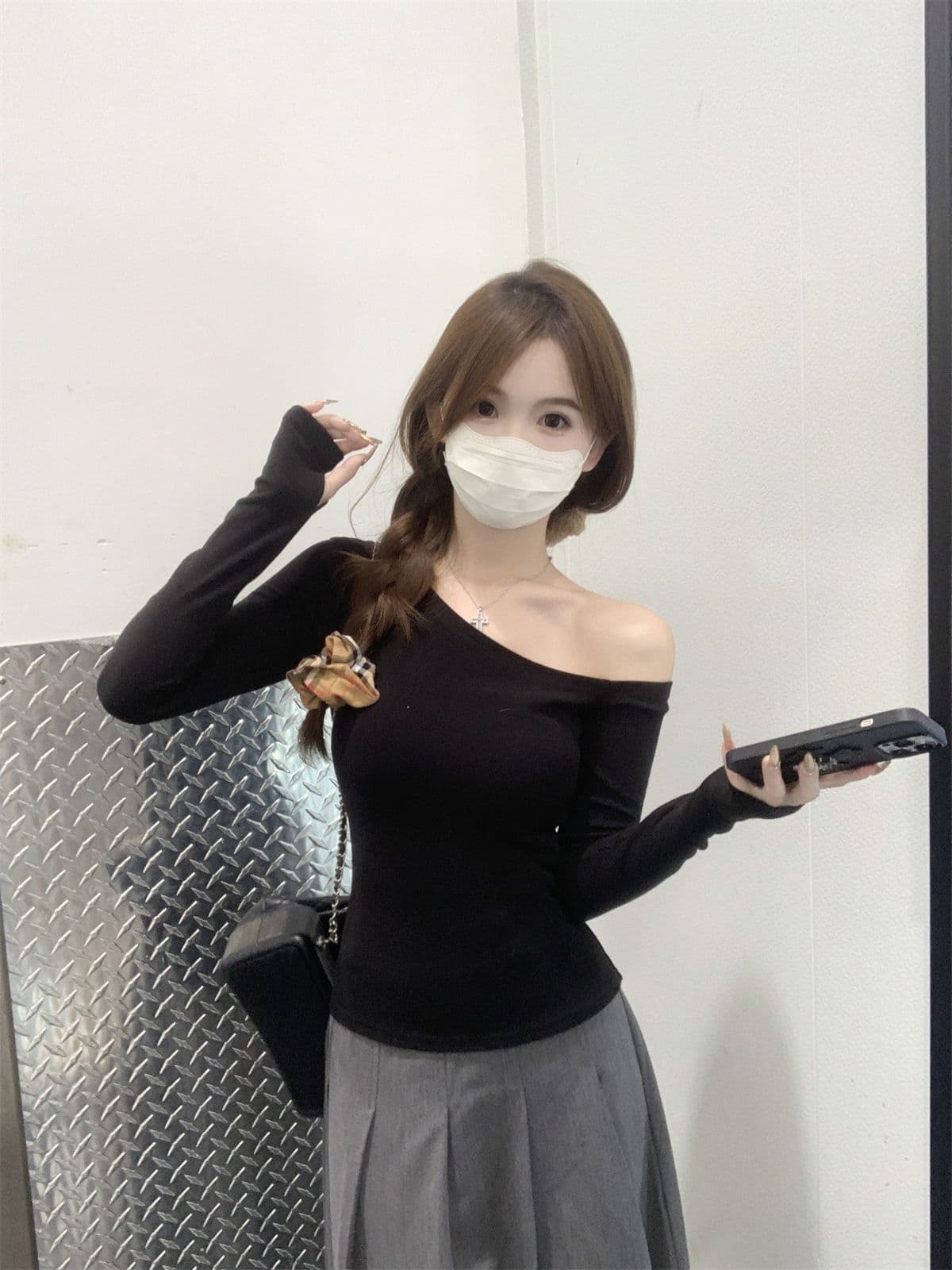 있음 선적 원본 De 플러시 대외 무역 원본 오프숄더 긴팔 만나는 De 플러시 티셔츠 여성 가을 몸매 가꾸기 맨위 상세 이미지 20