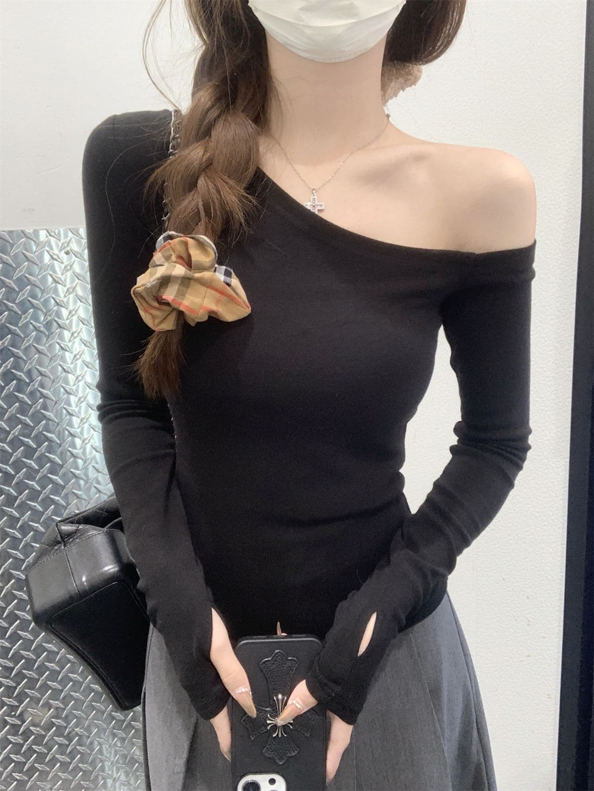 있음 선적 원본 De 플러시 대외 무역 원본 오프숄더 긴팔 만나는 De 플러시 티셔츠 여성 가을 몸매 가꾸기 맨위 상세 이미지 21