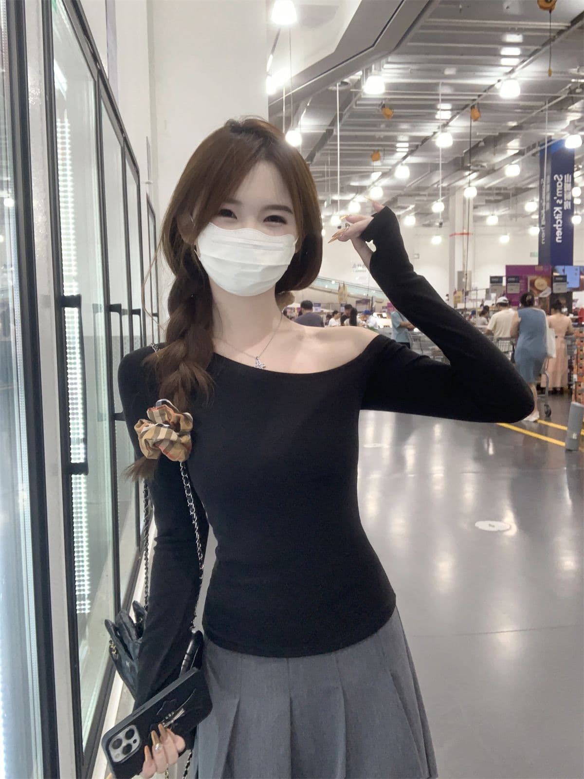 있음 선적 원본 De 플러시 대외 무역 원본 오프숄더 긴팔 만나는 De 플러시 티셔츠 여성 가을 몸매 가꾸기 맨위 상세 이미지 22