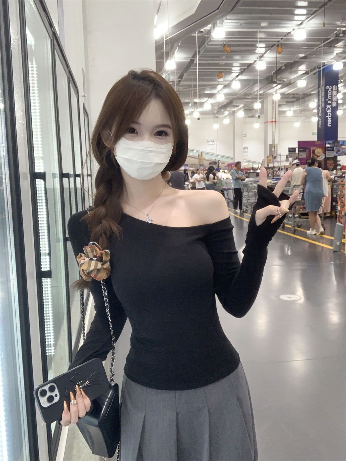 있음 선적 원본 De 플러시 대외 무역 원본 오프숄더 긴팔 만나는 De 플러시 티셔츠 여성 가을 몸매 가꾸기 맨위 상세 이미지 23