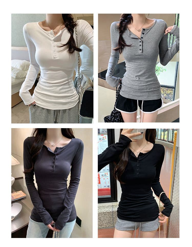 있음 선적 가을 새로운 원본 대외 무역 한국 스타일 단추 몸매 가꾸기 긴팔 티셔츠 기본 셔츠 여성 긍정적 인 어깨 의류 상세 이미지 3