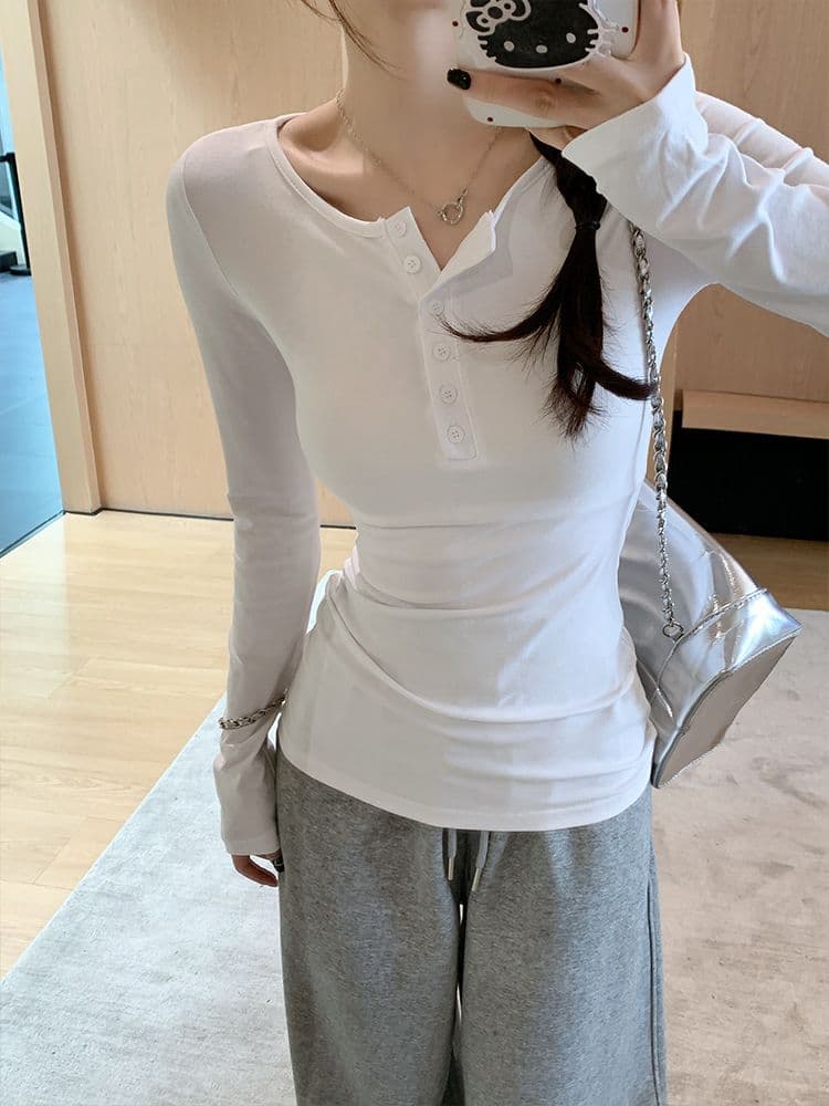 있음 선적 가을 새로운 원본 대외 무역 한국 스타일 단추 몸매 가꾸기 긴팔 티셔츠 기본 셔츠 여성 긍정적 인 어깨 의류 상세 이미지 5