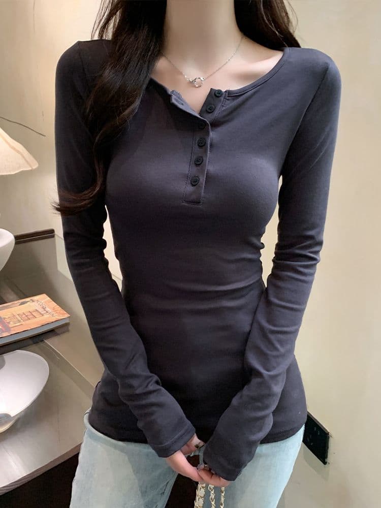 있음 선적 가을 새로운 원본 대외 무역 한국 스타일 단추 몸매 가꾸기 긴팔 티셔츠 기본 셔츠 여성 긍정적 인 어깨 의류 상세 이미지 15