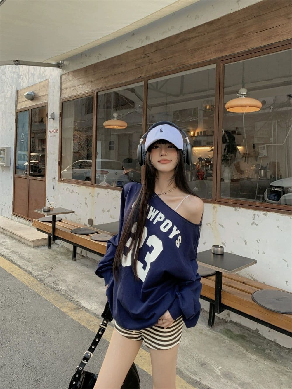 있음 선적 원본 대외 무역 한국 스타일 물고기 규모 알파벳 프린트 비스듬한 어깨 후드티 여성 가을 루즈핏 긴팔 오프숄더 상세 이미지 12