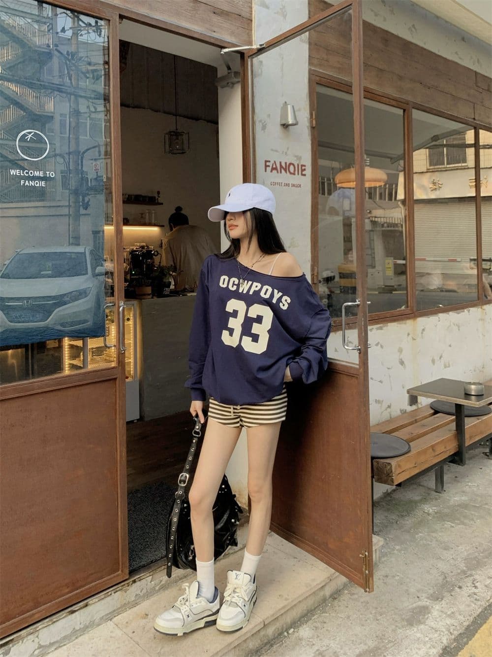 있음 선적 원본 대외 무역 한국 스타일 물고기 규모 알파벳 프린트 비스듬한 어깨 후드티 여성 가을 루즈핏 긴팔 오프숄더 상세 이미지 13