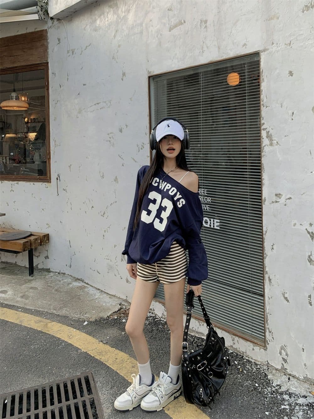 있음 선적 원본 대외 무역 한국 스타일 물고기 규모 알파벳 프린트 비스듬한 어깨 후드티 여성 가을 루즈핏 긴팔 오프숄더 상세 이미지 15