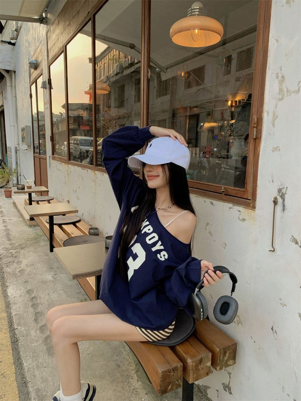 있음 선적 원본 대외 무역 한국 스타일 물고기 규모 알파벳 프린트 비스듬한 어깨 후드티 여성 가을 루즈핏 긴팔 오프숄더 상세 이미지 19