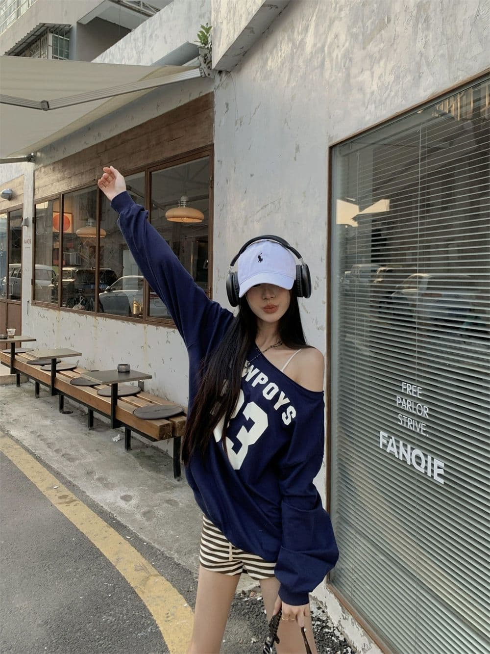 있음 선적 원본 대외 무역 한국 스타일 물고기 규모 알파벳 프린트 비스듬한 어깨 후드티 여성 가을 루즈핏 긴팔 오프숄더 상세 이미지 21