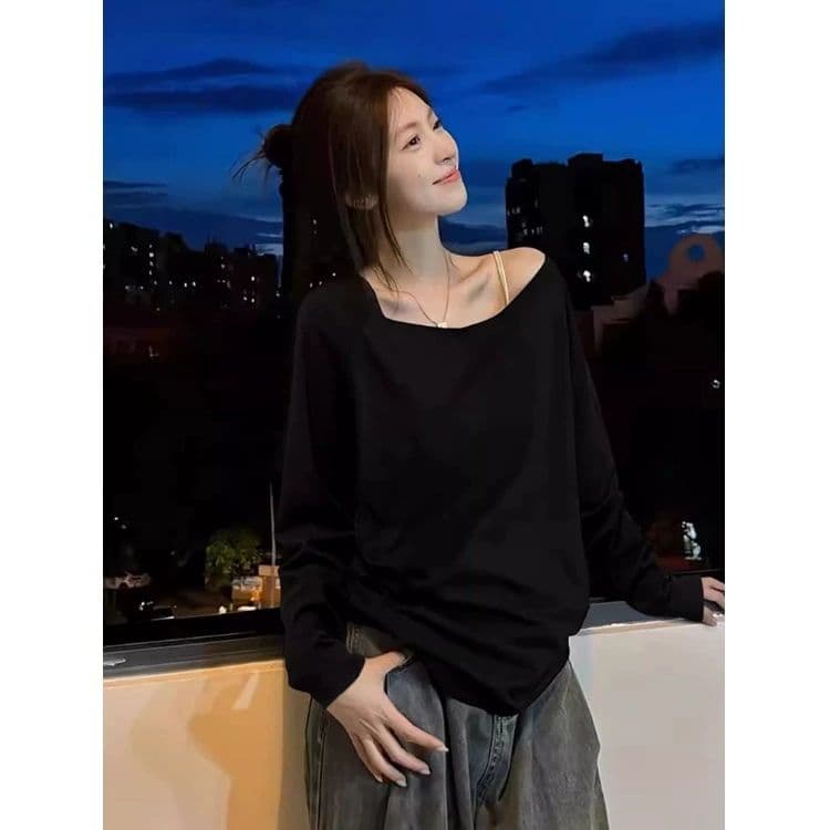 있음 선적 원본 대외 무역 한국 스타일 오프숄더 긴팔 티셔츠 여성 가을 오프숄더 루즈핏 순수한 욕망 바람 비스듬한 어깨 상세 이미지 2