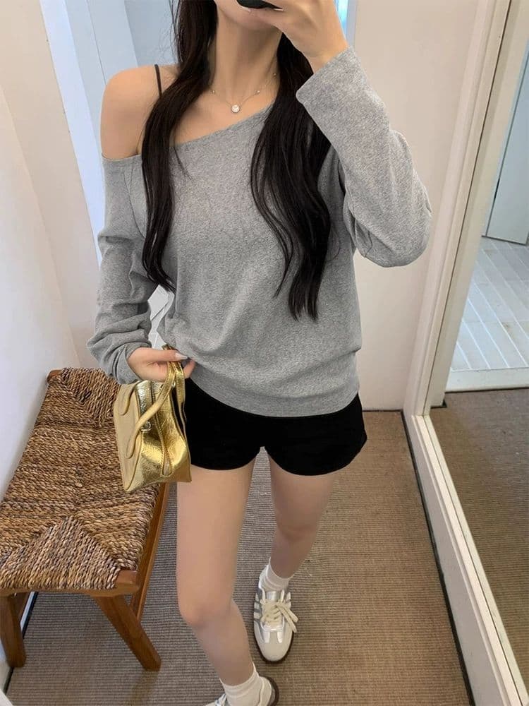 있음 선적 원본 대외 무역 한국 스타일 오프숄더 긴팔 티셔츠 여성 가을 오프숄더 루즈핏 순수한 욕망 바람 비스듬한 어깨 상세 이미지 4