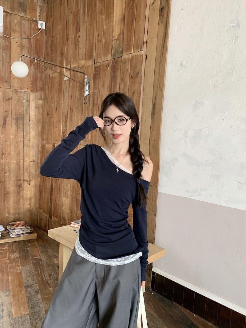 있음 선적 원본 대외 무역 가을 새로운 레이스 조각 비스듬한 어깨 긴팔 티셔츠 여성 몸매 가꾸기 오프숄더 맨위 상세 이미지 11