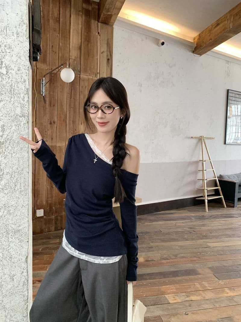있음 선적 원본 대외 무역 가을 새로운 레이스 조각 비스듬한 어깨 긴팔 티셔츠 여성 몸매 가꾸기 오프숄더 맨위 상세 이미지 20