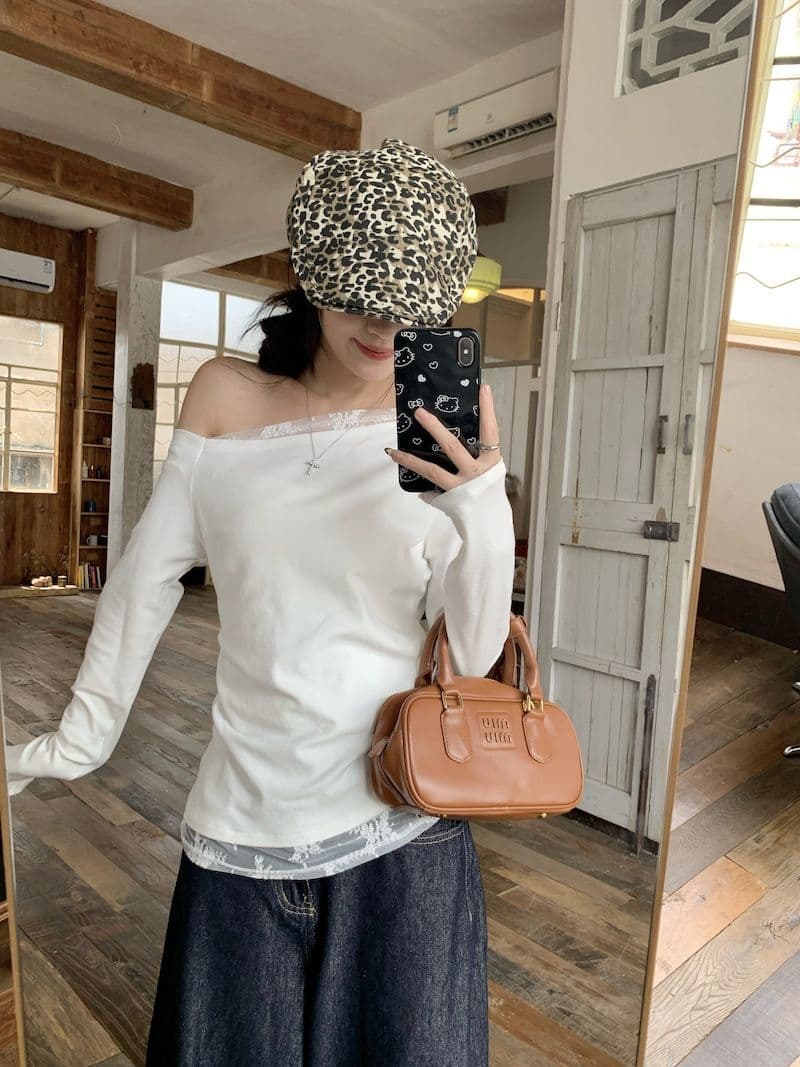 있음 선적 원본 대외 무역 가을 새로운 레이스 조각 비스듬한 어깨 긴팔 티셔츠 여성 몸매 가꾸기 오프숄더 맨위 상세 이미지 22