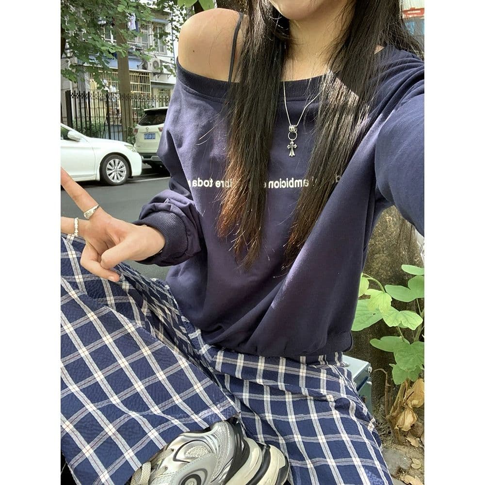있음 선적 원본 대외 무역 한국 스타일 물고기 규모 오프숄더 긴팔 후드티 여성 이른 가을 프린트 루즈핏 맨위