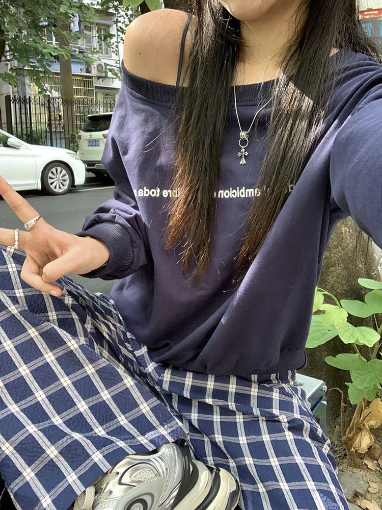 있음 선적 원본 대외 무역 한국 스타일 물고기 규모 오프숄더 긴팔 후드티 여성 이른 가을 프린트 루즈핏 맨위 상세 이미지 3