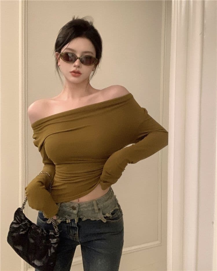 있음 선적 원본 대외 무역 한국 스타일 De 플러시 오프숄더 긴팔 이른 가을 오프숄더 몸매 가꾸기 불규칙 쇼트 스타일 맨위 상세 이미지 2
