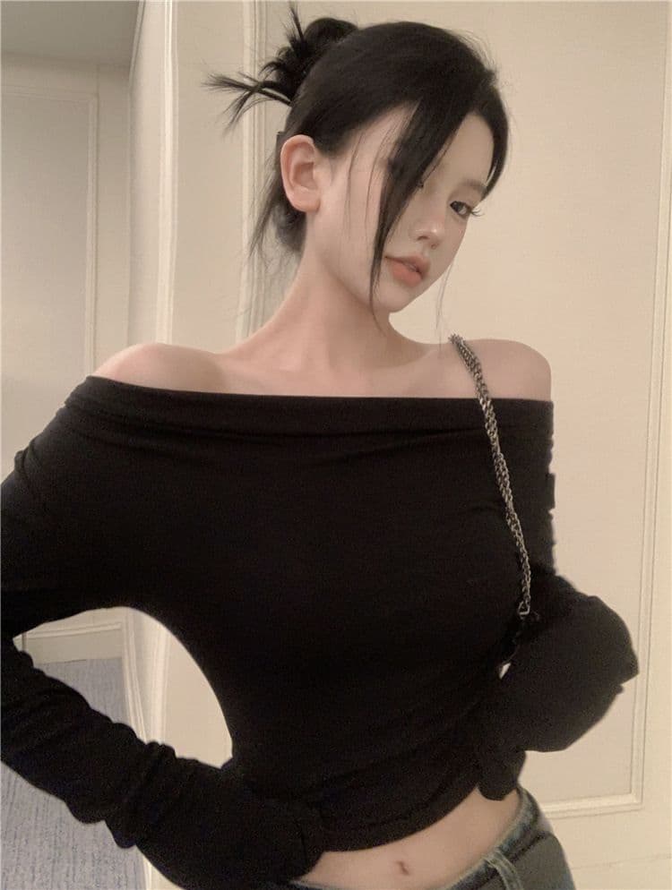 있음 선적 원본 대외 무역 한국 스타일 De 플러시 오프숄더 긴팔 이른 가을 오프숄더 몸매 가꾸기 불규칙 쇼트 스타일 맨위 상세 이미지 10