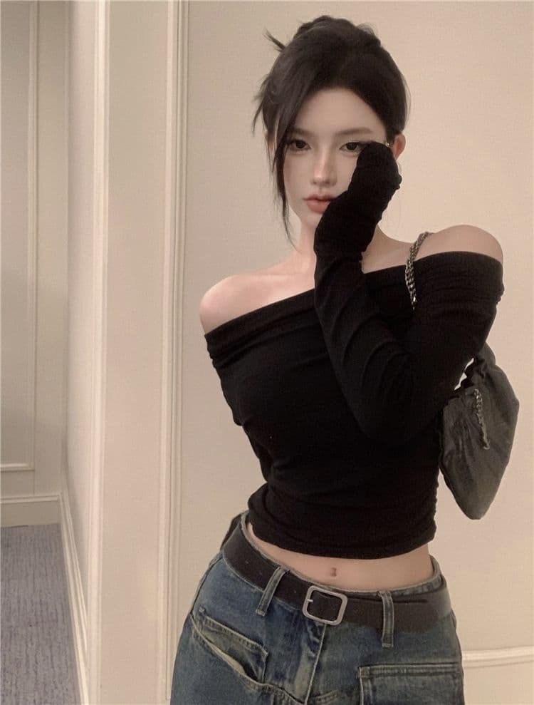 있음 선적 원본 대외 무역 한국 스타일 De 플러시 오프숄더 긴팔 이른 가을 오프숄더 몸매 가꾸기 불규칙 쇼트 스타일 맨위 상세 이미지 11