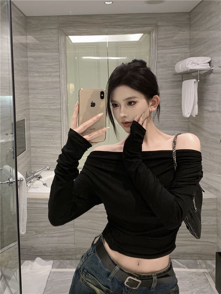 있음 선적 원본 대외 무역 한국 스타일 De 플러시 오프숄더 긴팔 이른 가을 오프숄더 몸매 가꾸기 불규칙 쇼트 스타일 맨위 상세 이미지 14