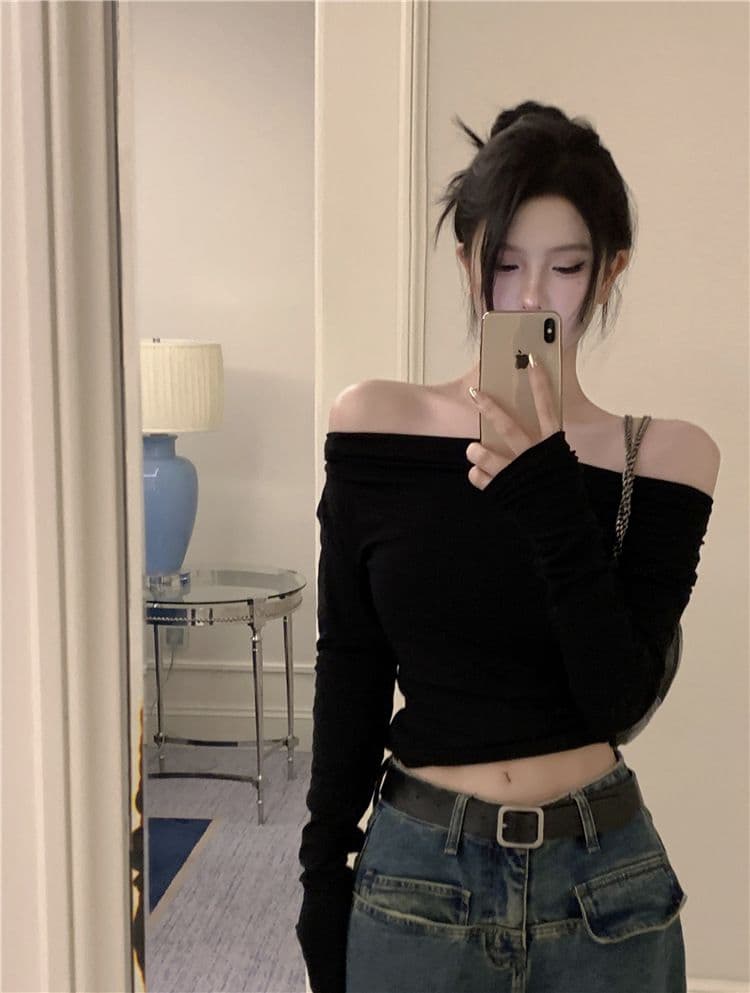 있음 선적 원본 대외 무역 한국 스타일 De 플러시 오프숄더 긴팔 이른 가을 오프숄더 몸매 가꾸기 불규칙 쇼트 스타일 맨위 상세 이미지 15