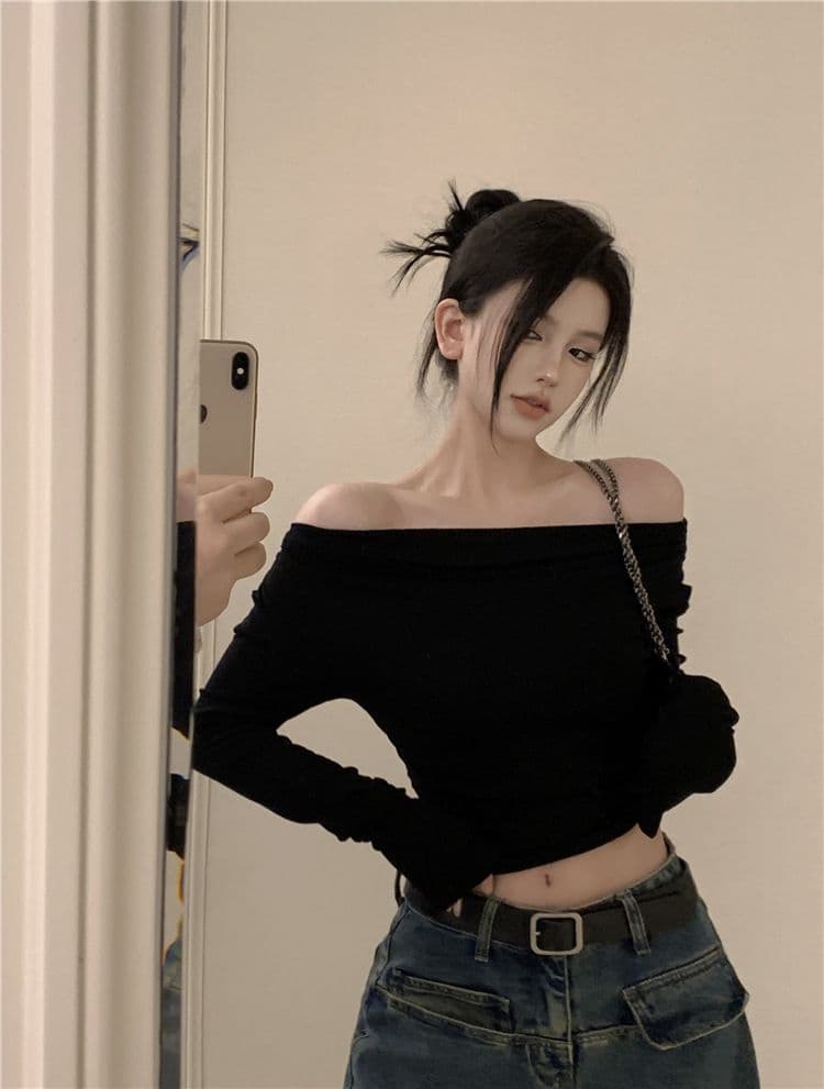 있음 선적 원본 대외 무역 한국 스타일 De 플러시 오프숄더 긴팔 이른 가을 오프숄더 몸매 가꾸기 불규칙 쇼트 스타일 맨위 상세 이미지 16