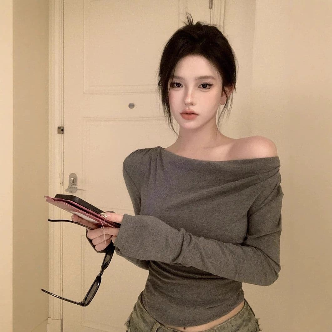 있음 선적 원본 대외 무역 한국 스타일 De 플러시 오프숄더 긴팔 이른 가을 오프숄더 몸매 가꾸기 불규칙 쇼트 스타일 맨위 상세 이미지 20