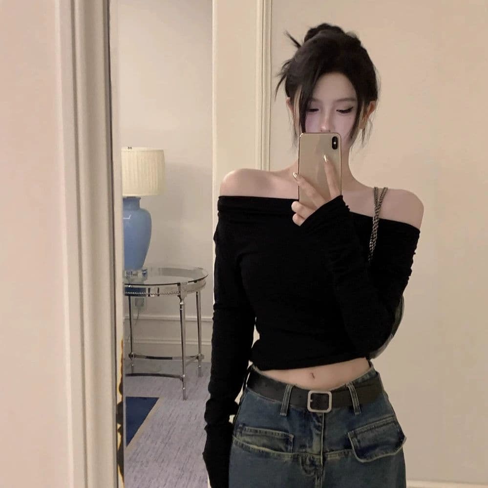 있음 선적 원본 대외 무역 한국 스타일 De 플러시 오프숄더 긴팔 이른 가을 오프숄더 몸매 가꾸기 불규칙 쇼트 스타일 맨위 상세 이미지 22