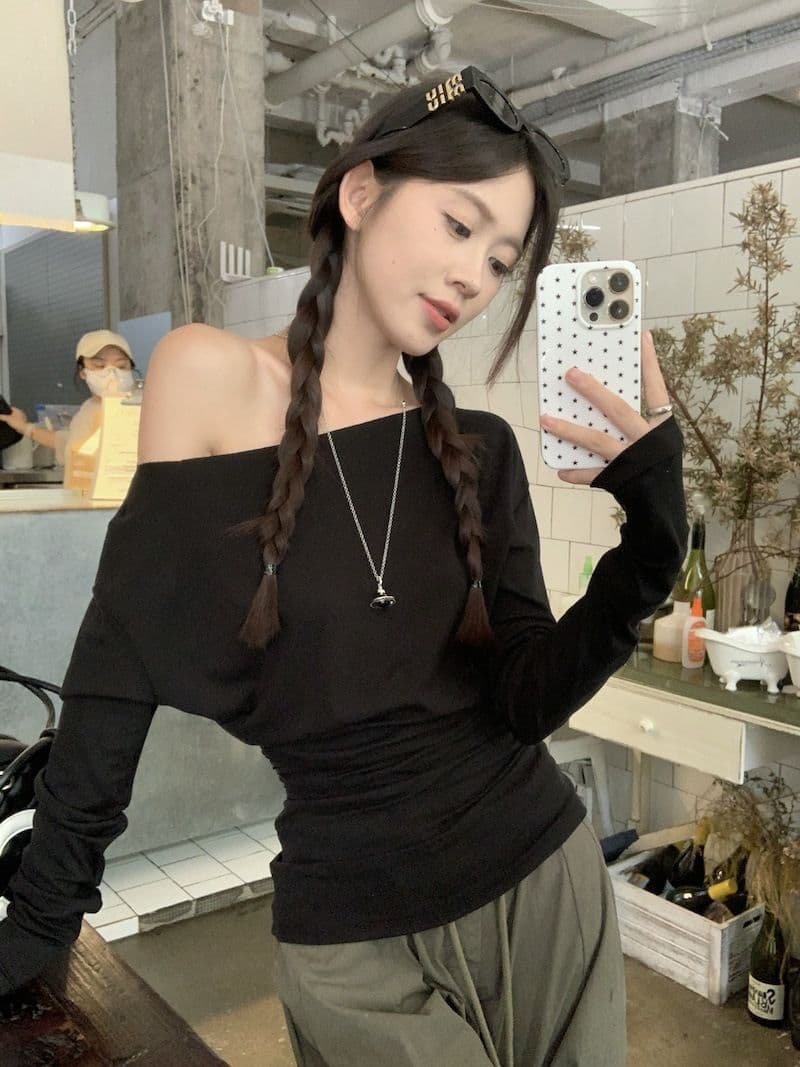 있음 선적 새로운 대외 무역 원본 품질 오프숄더 긴팔 티셔츠 여성 의류 이른 가을 몸매 가꾸기 만나는 맨위 상세 이미지 10