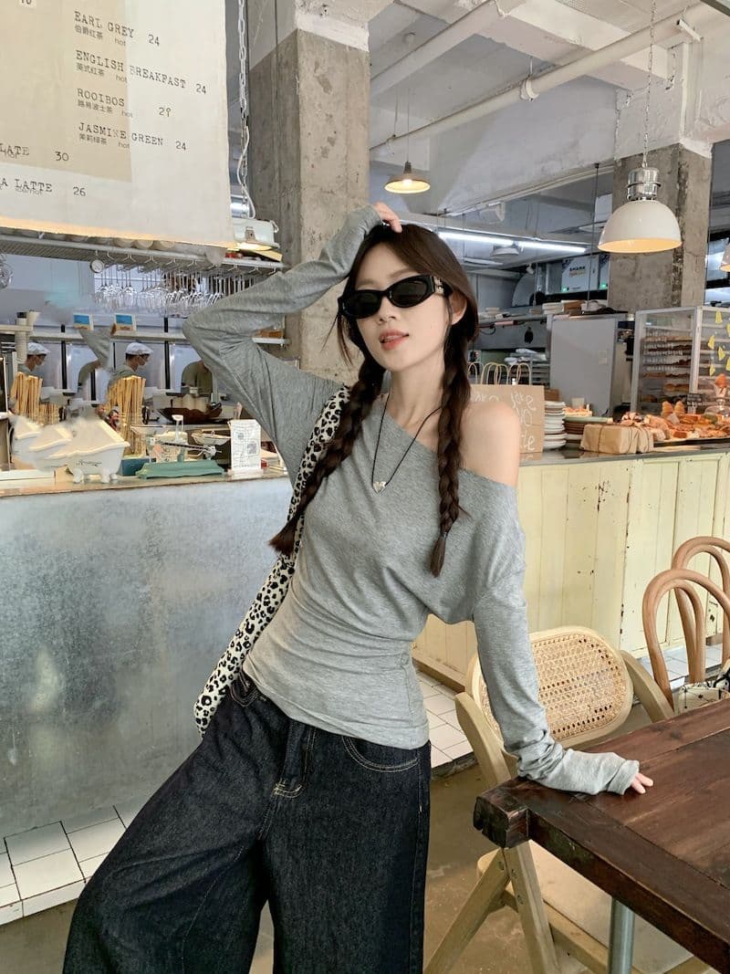 있음 선적 새로운 대외 무역 원본 품질 오프숄더 긴팔 티셔츠 여성 의류 이른 가을 몸매 가꾸기 만나는 맨위 상세 이미지 22