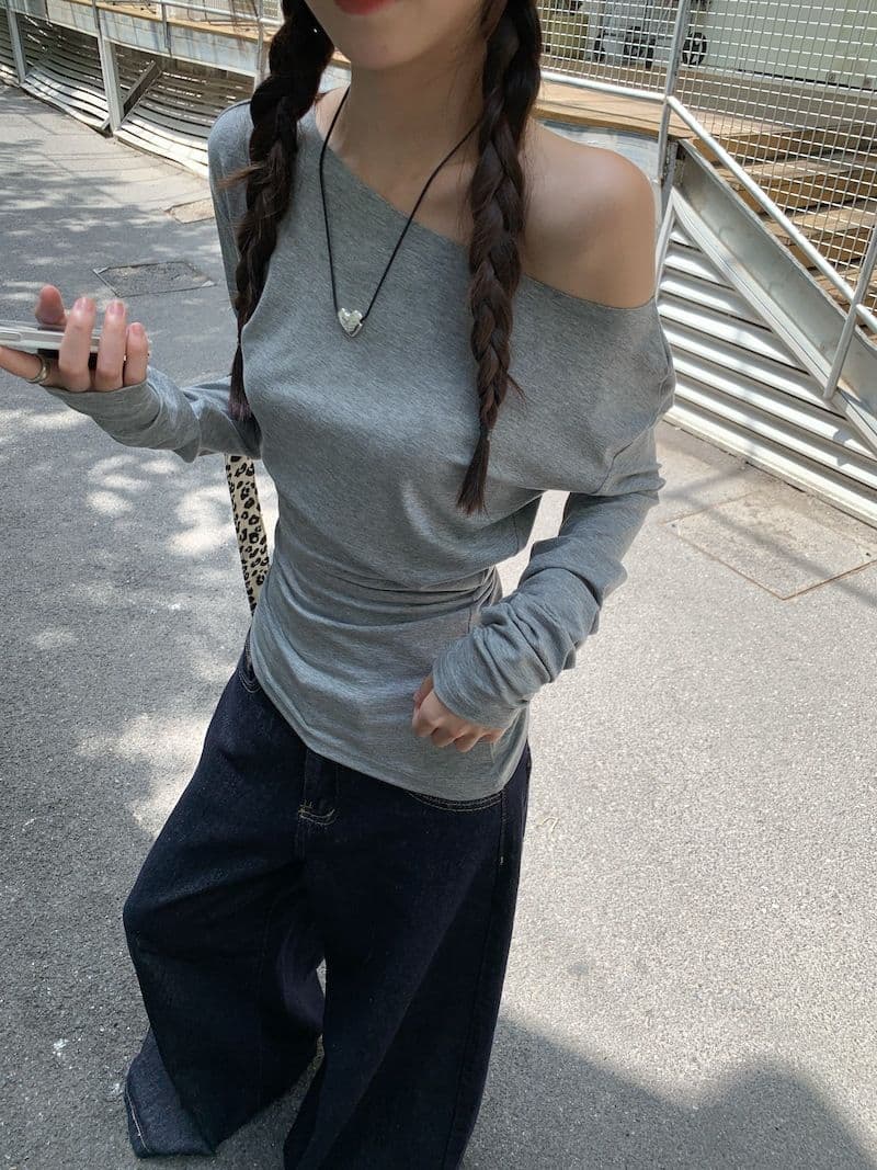 있음 선적 새로운 대외 무역 원본 품질 오프숄더 긴팔 티셔츠 여성 의류 이른 가을 몸매 가꾸기 만나는 맨위 상세 이미지 25