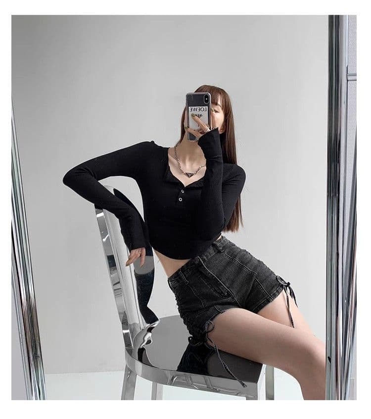 있음 선적 새로운 원본 대외 무역 한국 스타일 긴팔 티셔츠 여성 가을 반 개방 칼라 색상 기본 셔츠 몸매 가꾸기 쇼트 스타일 상세 이미지 14