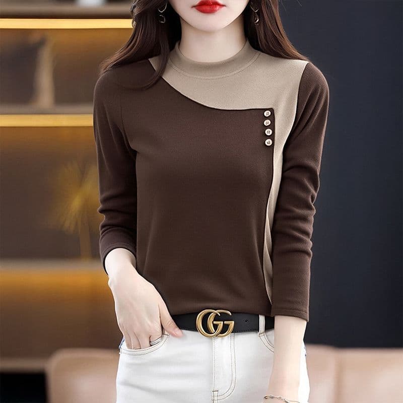 m-5xl 가을 겨울 새로운 양면 플리스 반하이넥 기본 셔츠 여성 긴 소매 패션 캐주얼 보온 티셔츠 맨위 상세 이미지 2