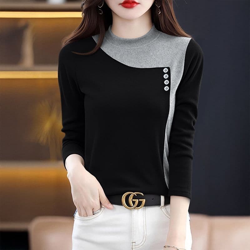 m-5xl 가을 겨울 새로운 양면 플리스 반하이넥 기본 셔츠 여성 긴 소매 패션 캐주얼 보온 티셔츠 맨위 상세 이미지 3
