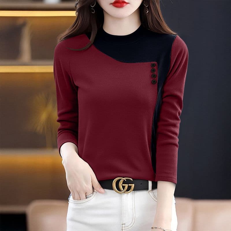 m-5xl 가을 겨울 새로운 양면 플리스 반하이넥 기본 셔츠 여성 긴 소매 패션 캐주얼 보온 티셔츠 맨위 상세 이미지 5