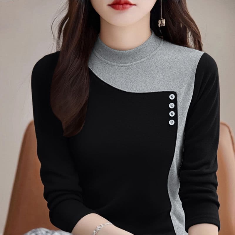 m-5xl 가을 겨울 새로운 양면 플리스 반하이넥 기본 셔츠 여성 긴 소매 패션 캐주얼 보온 티셔츠 맨위 상세 이미지 7