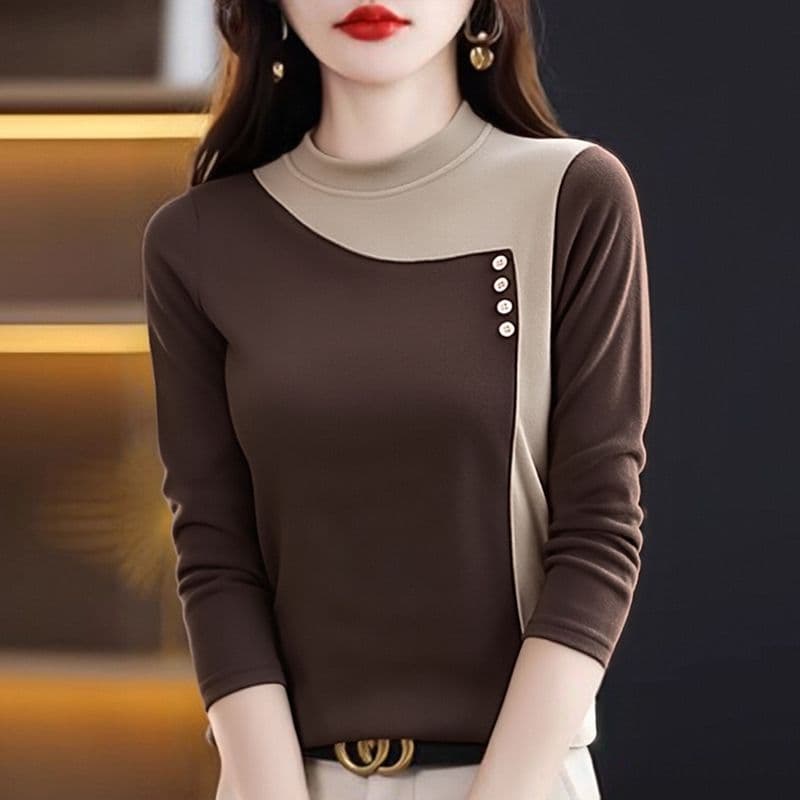 m-5xl 가을 겨울 새로운 양면 플리스 반하이넥 기본 셔츠 여성 긴 소매 패션 캐주얼 보온 티셔츠 맨위 상세 이미지 10