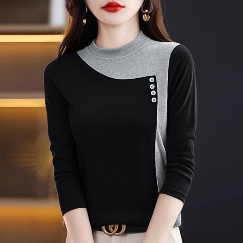 m-5xl 가을 겨울 새로운 양면 플리스 반하이넥 기본 셔츠 여성 긴 소매 패션 캐주얼 보온 티셔츠 맨위 상세 이미지 11