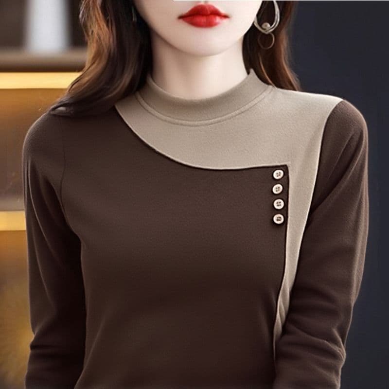 m-5xl 가을 겨울 새로운 양면 플리스 반하이넥 기본 셔츠 여성 긴 소매 패션 캐주얼 보온 티셔츠 맨위 상세 이미지 14