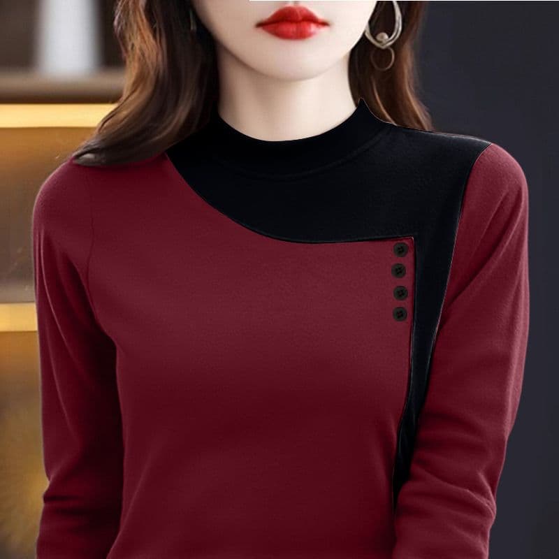 m-5xl 가을 겨울 새로운 양면 플리스 반하이넥 기본 셔츠 여성 긴 소매 패션 캐주얼 보온 티셔츠 맨위 상세 이미지 17