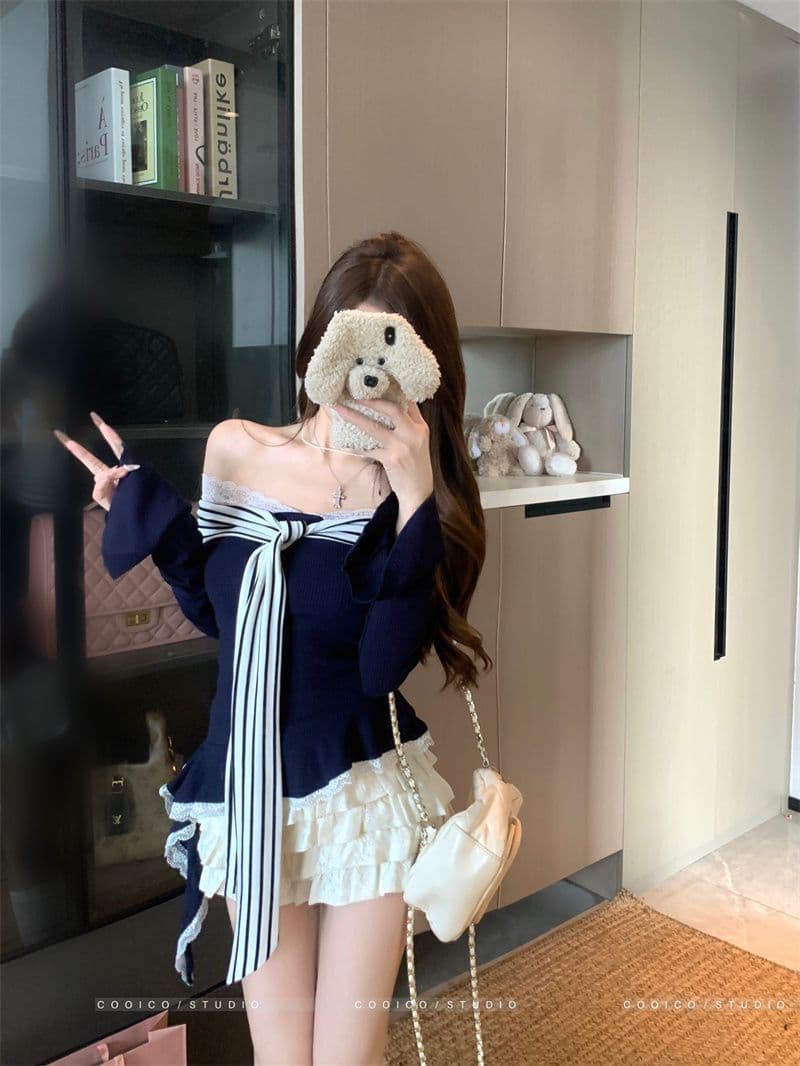 있음 선적 리브 De 플러시 패치워크 레이스 페이크 레이어드 리본 긴팔 티셔츠 여성 가을 오프숄더 몸매 가꾸기 맨위 상세 이미지 2