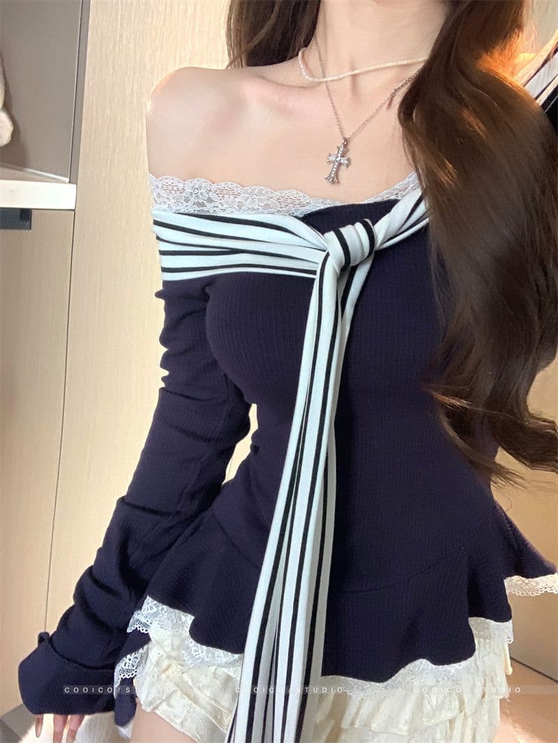 있음 선적 리브 De 플러시 패치워크 레이스 페이크 레이어드 리본 긴팔 티셔츠 여성 가을 오프숄더 몸매 가꾸기 맨위 상세 이미지 3