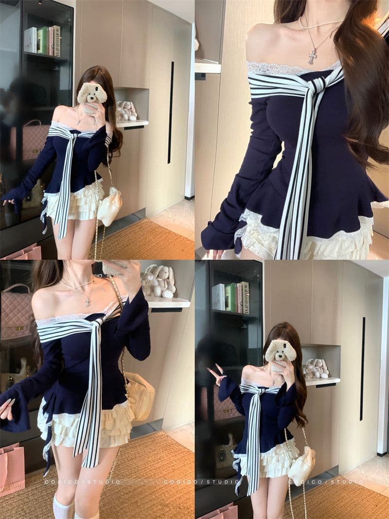 있음 선적 리브 De 플러시 패치워크 레이스 페이크 레이어드 리본 긴팔 티셔츠 여성 가을 오프숄더 몸매 가꾸기 맨위 상세 이미지 6
