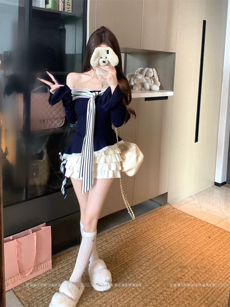 있음 선적 리브 De 플러시 패치워크 레이스 페이크 레이어드 리본 긴팔 티셔츠 여성 가을 오프숄더 몸매 가꾸기 맨위 상세 이미지 7