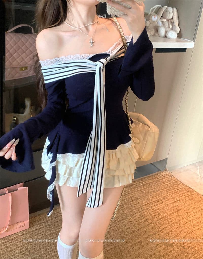 있음 선적 리브 De 플러시 패치워크 레이스 페이크 레이어드 리본 긴팔 티셔츠 여성 가을 오프숄더 몸매 가꾸기 맨위 상세 이미지 8