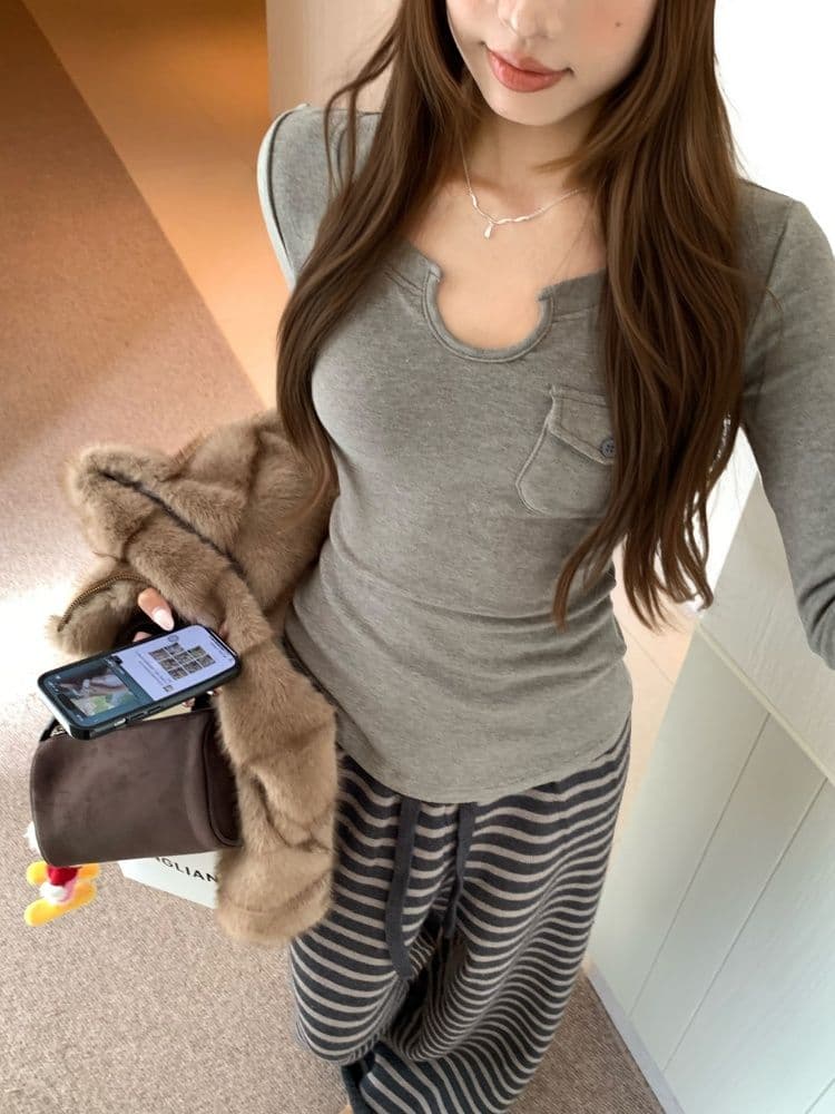 있음 선적 원본 리브 De 플러시 회색 주머니 긴팔 티셔츠 여성 가을 u 칼라 인사이드 가져 가라. 기본 셔츠 맨위