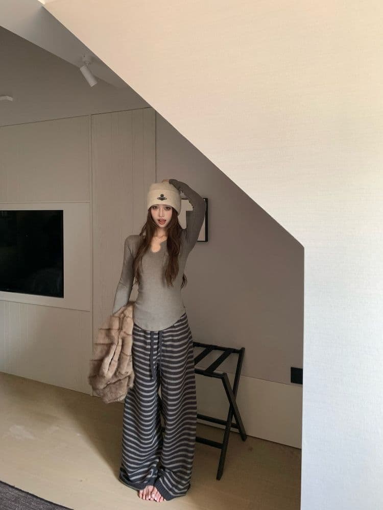 있음 선적 원본 리브 De 플러시 회색 주머니 긴팔 티셔츠 여성 가을 u 칼라 인사이드 가져 가라. 기본 셔츠 맨위 상세 이미지 2