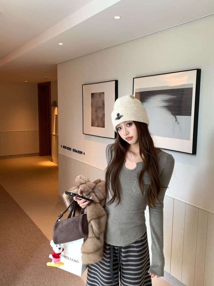 있음 선적 원본 리브 De 플러시 회색 주머니 긴팔 티셔츠 여성 가을 u 칼라 인사이드 가져 가라. 기본 셔츠 맨위 상세 이미지 3