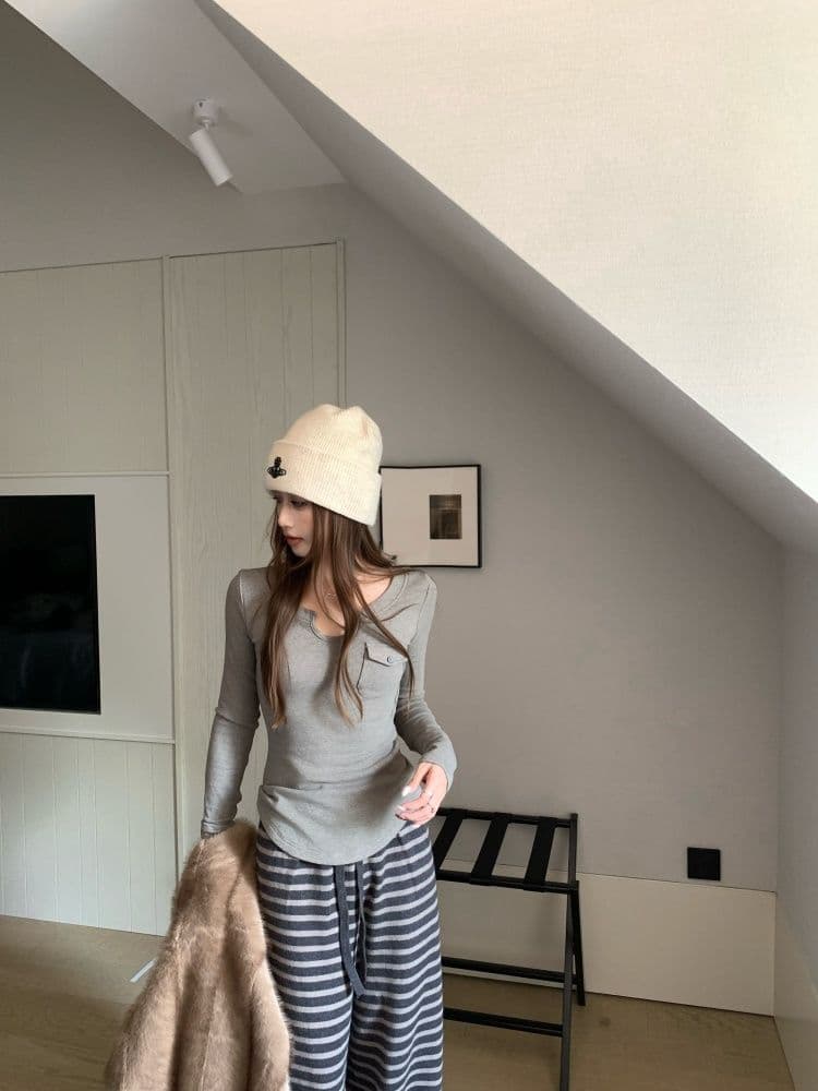 있음 선적 원본 리브 De 플러시 회색 주머니 긴팔 티셔츠 여성 가을 u 칼라 인사이드 가져 가라. 기본 셔츠 맨위 상세 이미지 8