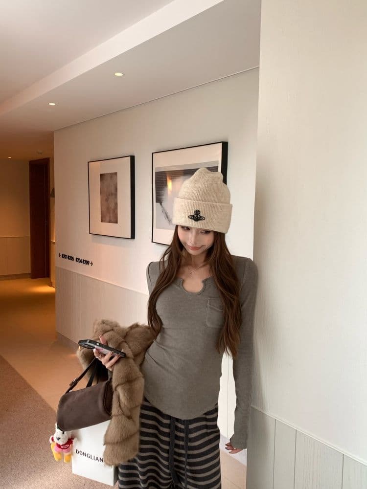 있음 선적 원본 리브 De 플러시 회색 주머니 긴팔 티셔츠 여성 가을 u 칼라 인사이드 가져 가라. 기본 셔츠 맨위 상세 이미지 10
