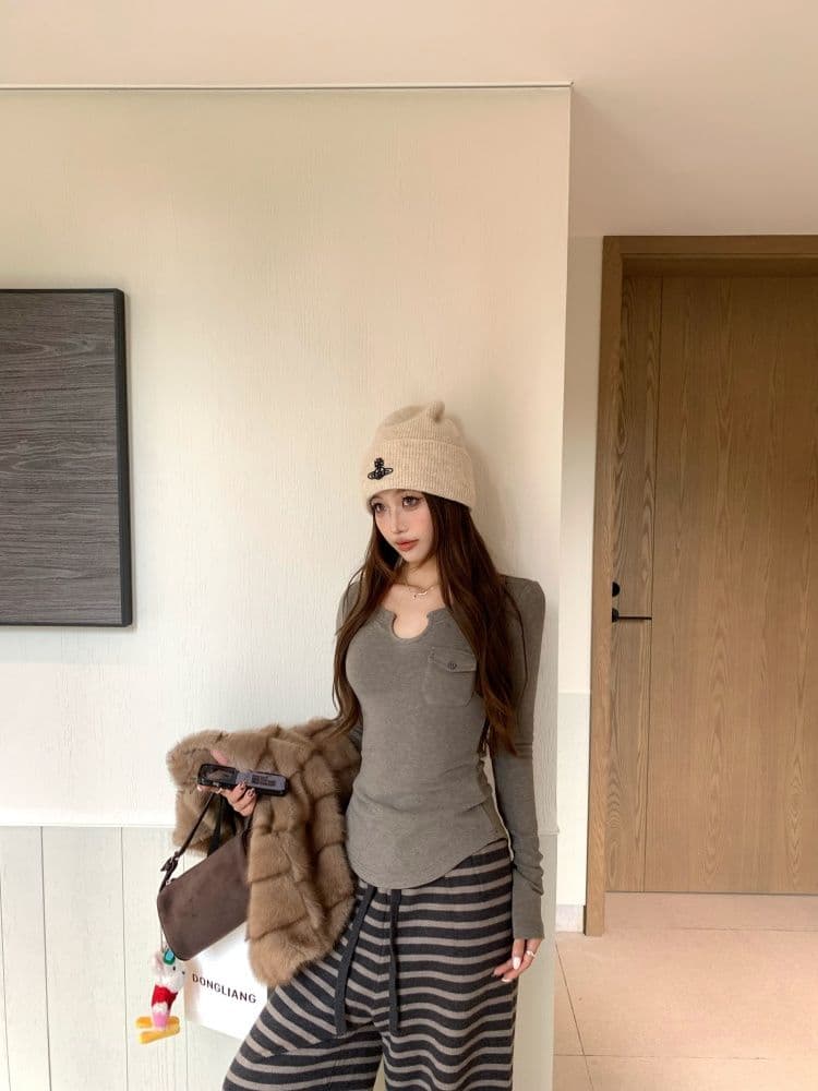 있음 선적 원본 리브 De 플러시 회색 주머니 긴팔 티셔츠 여성 가을 u 칼라 인사이드 가져 가라. 기본 셔츠 맨위 상세 이미지 12